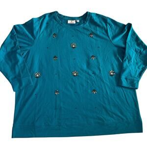 Quacker Factory Teal Bejeweled Long Sleeve Shirt- 3X